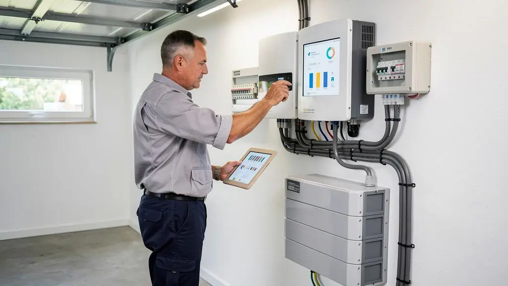 Électricien configurant un onduleur solaire et système de batteries dans un local technique résidentiel