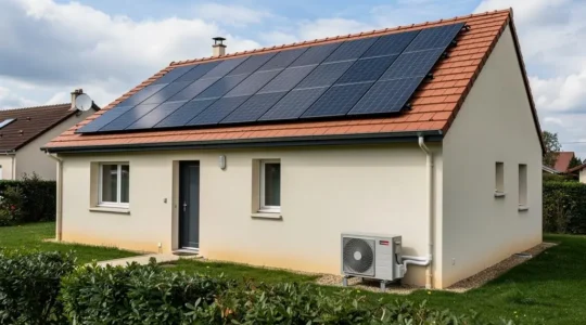 Maison individuelle française équipée de panneaux photovoltaïques sur toiture et d'une pompe à chaleur en façade