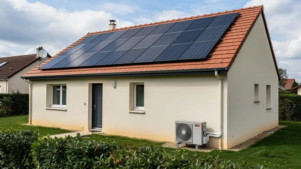 Maison individuelle française équipée de panneaux photovoltaïques sur toiture et d'une pompe à chaleur en façade