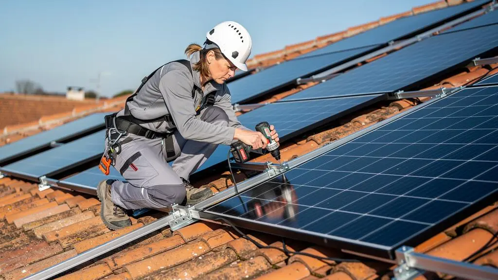 Installatrice avec équipement de sécurité fixant des panneaux photovoltaïques sur une toiture en tuiles